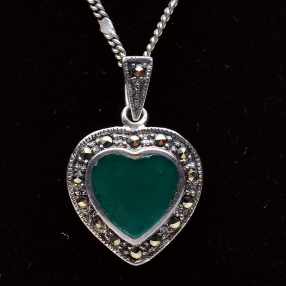 Silver Chrysoprase Marcasite Heart Necklace - Vintage 1930s